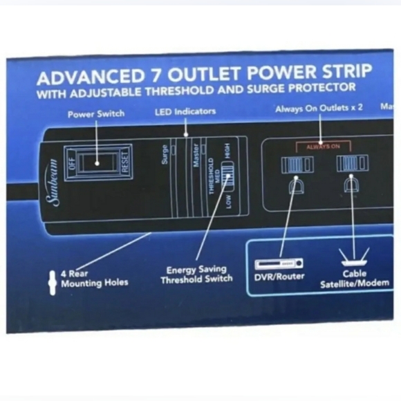 2 PACK Sunbeam Advance 7 Outlet Power Strip Adjustable Threshold Surge Protector - Picture 4 of 4